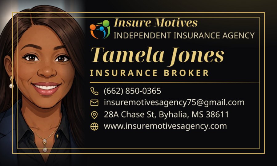 Insure Motives cartoon business card front for Tamela Jones